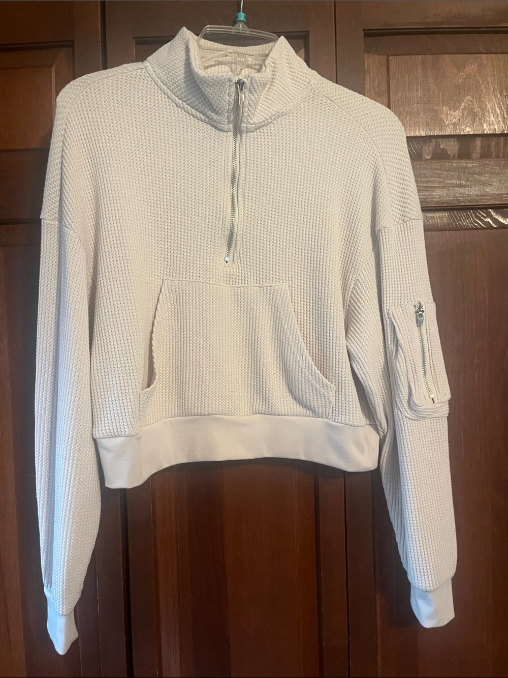 Cream Waffle-Knit Half-Zip Pullover Hoodie